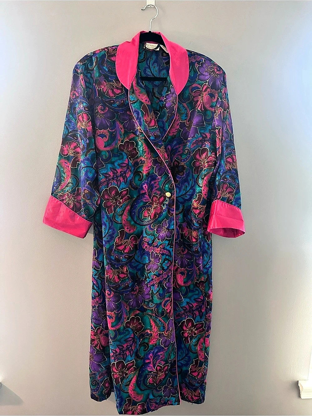 VTG Victoria's Secret Gold Label Robe Jewel Tone Floral Satin Kimono Wrap P/S